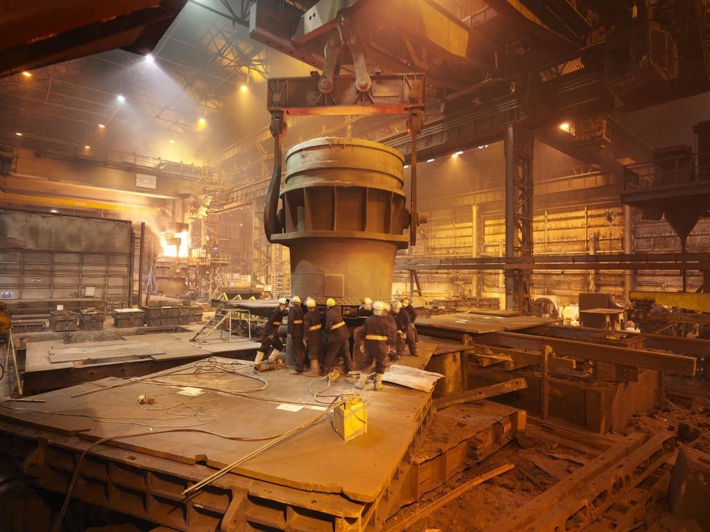 Foundry crew working beneath a casting ladle